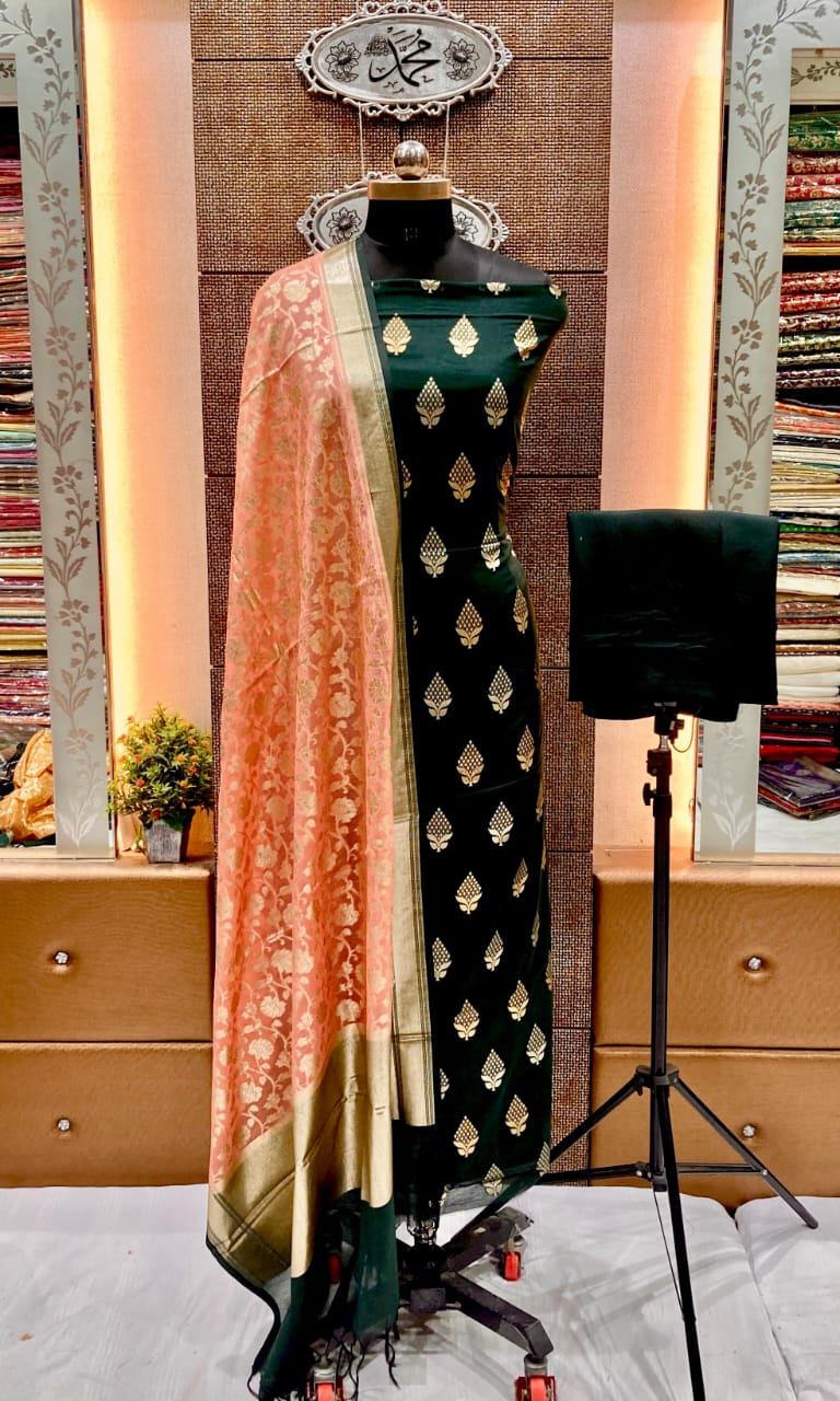 Dark Green Pure Mercerise Floral Zari Booti with Lorex weave Peach Dupatta Suit Set 12SKL_PML20