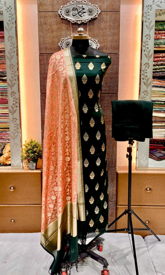 Dark Green Pure Mercerise Floral Zari Booti with Lorex weave Peach Dupatta Suit Set 12SKL_PML20