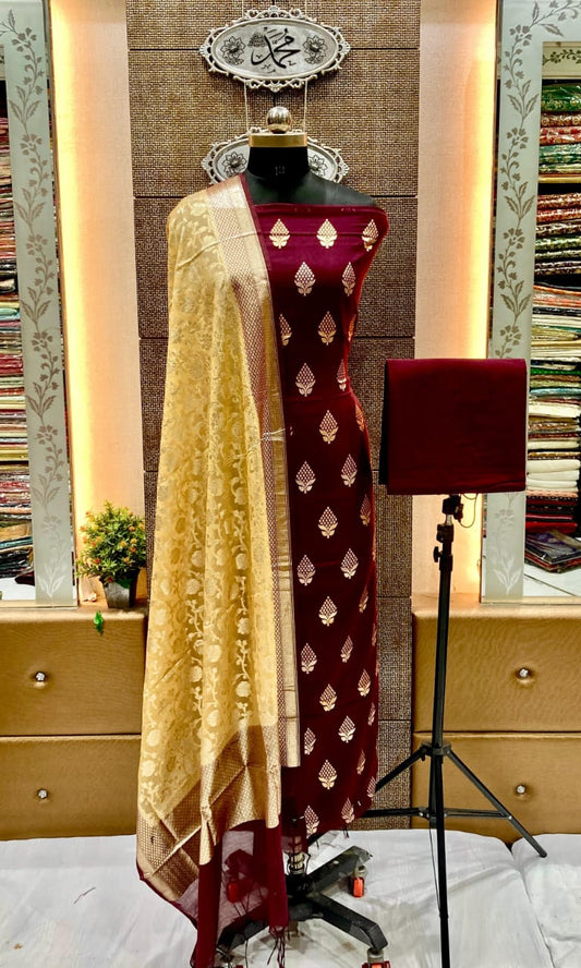 Wine Pure Mercerise Floral Zari Booti with Lorex weave Yellow Dupatta Suit Set 12SKL_PML21