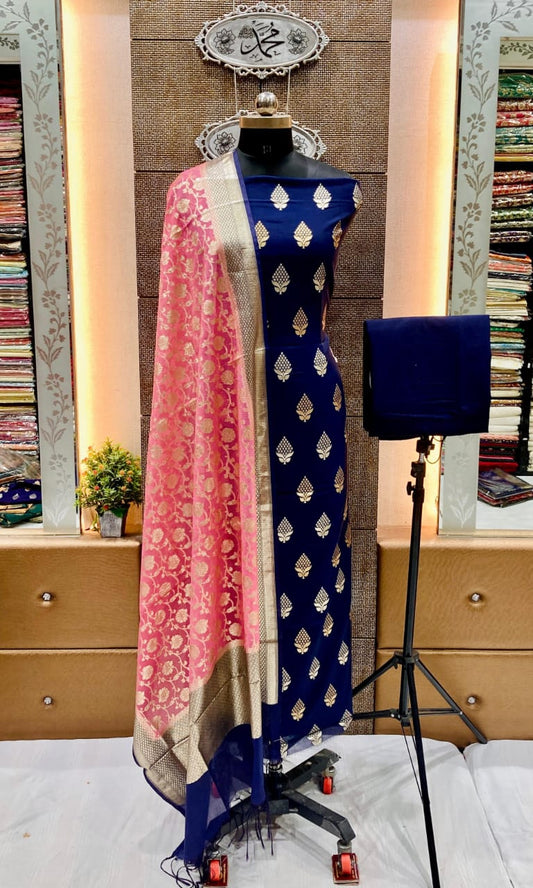Blue Pure Mercerise Floral Zari Booti with Lorex weave Pink Dupatta Suit Set 12SKL_PML22