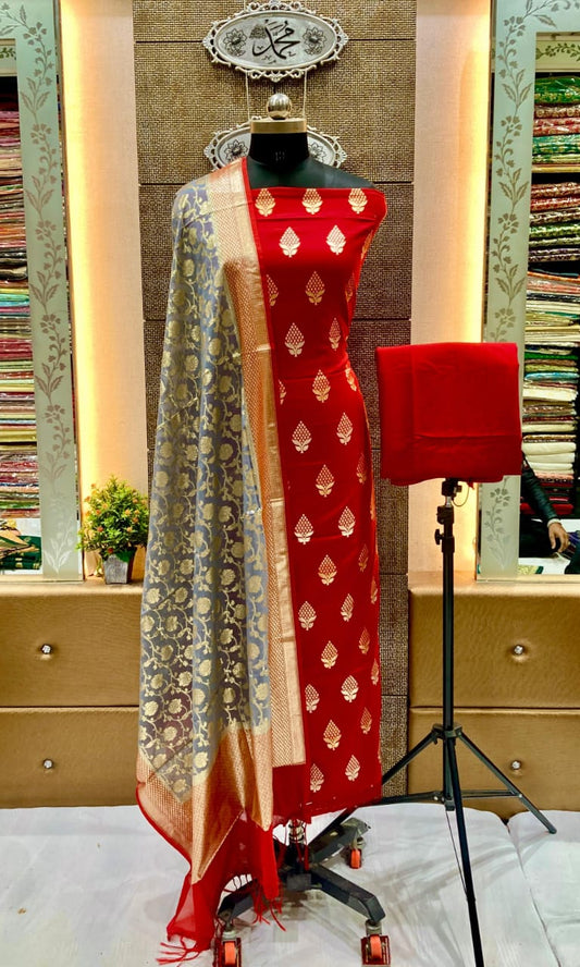 Red Pure Mercerise Floral Zari Booti with Lorex weave Grey Dupatta Suit Set 12SKL_PML23