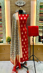 Red Pure Mercerise Floral Zari Booti with Lorex weave Grey Dupatta Suit Set 12SKL_PML23