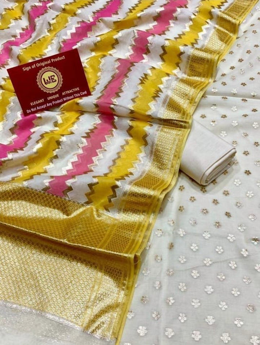 Offwhite Pure Mercerise Lorex weave Handbrush Dupatta Banarasi Suit 1300SKL_PM25
