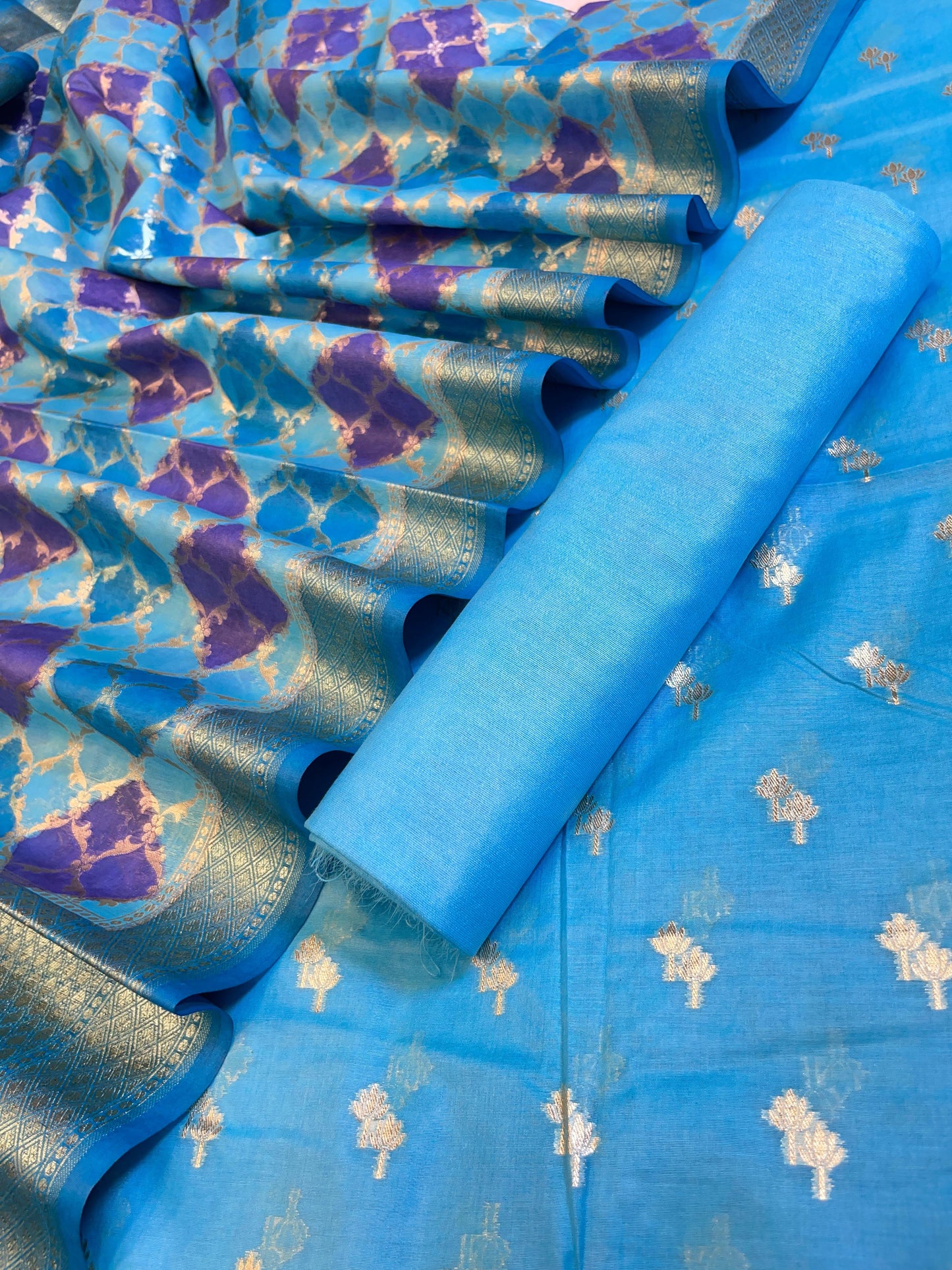 Sky Blue Pure Cotton Lorex weave Dual Zari Booti Banarasi Suit 1300IM_PCL11