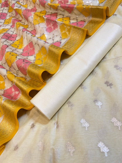 Off white Pure Cotton Lorex weave Dual Zari Booti Banarasi Suit 1300IM_PCL13