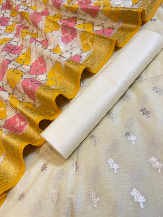 Off white Pure Cotton Lorex weave Dual Zari Booti Banarasi Suit 1300IM_PCL13