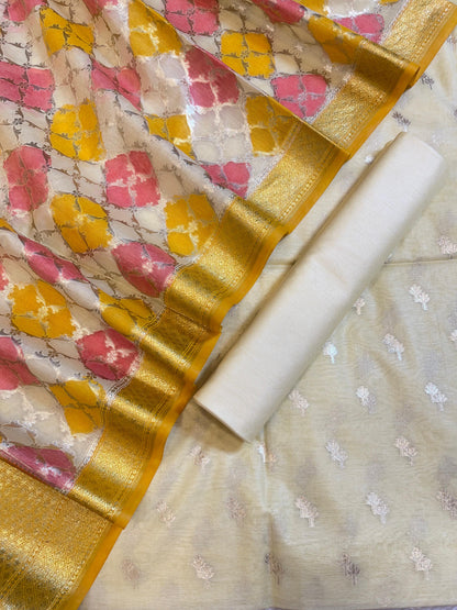 Off white Pure Cotton Lorex weave Dual Zari Booti Banarasi Suit 1300IM_PCL13