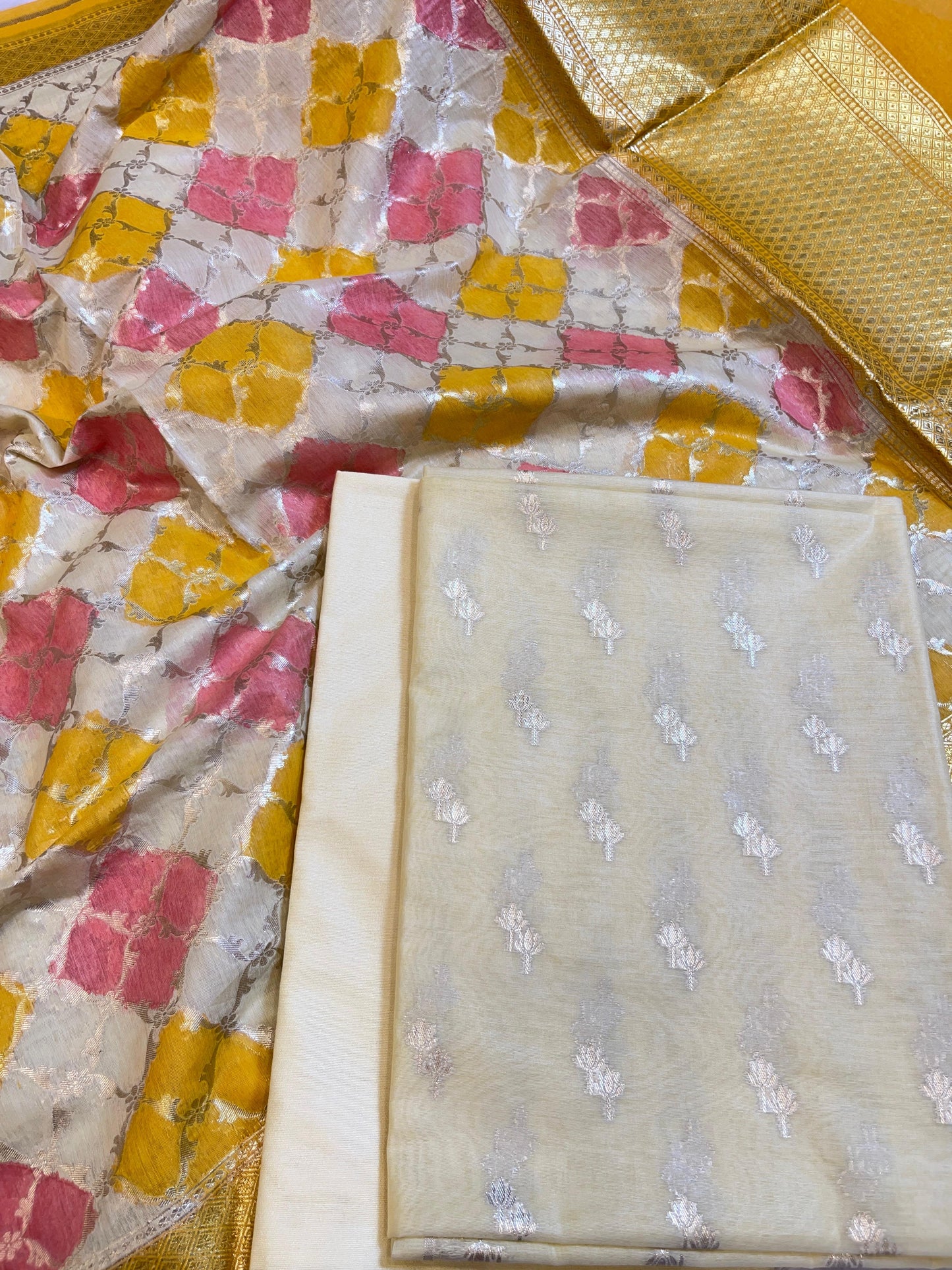 Off white Pure Cotton Lorex weave Dual Zari Booti Banarasi Suit 1300IM_PCL13