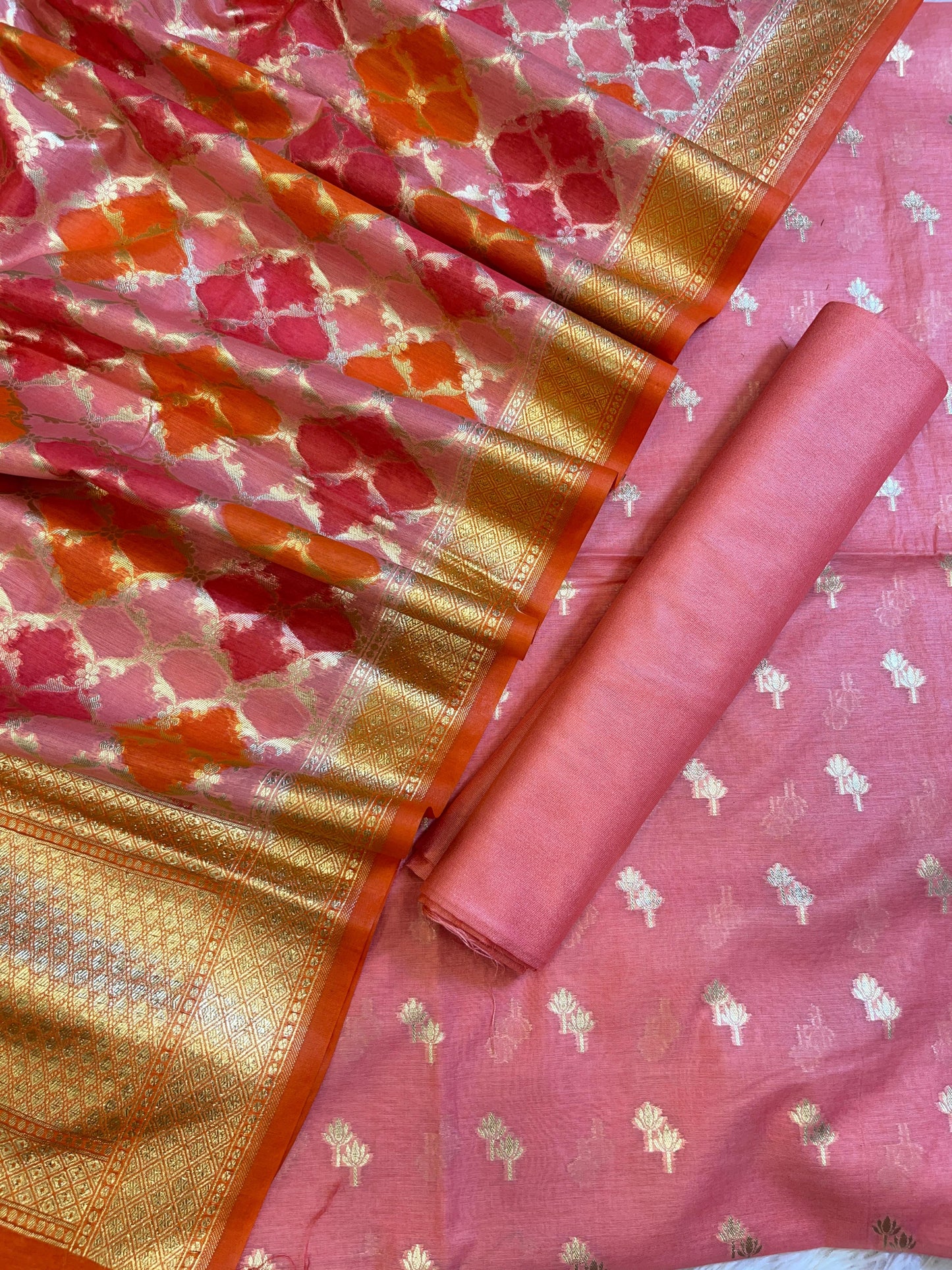 Peach Pure Cotton Lorex weave Dual Zari Booti Banarasi Suit 1300IM_PCL15