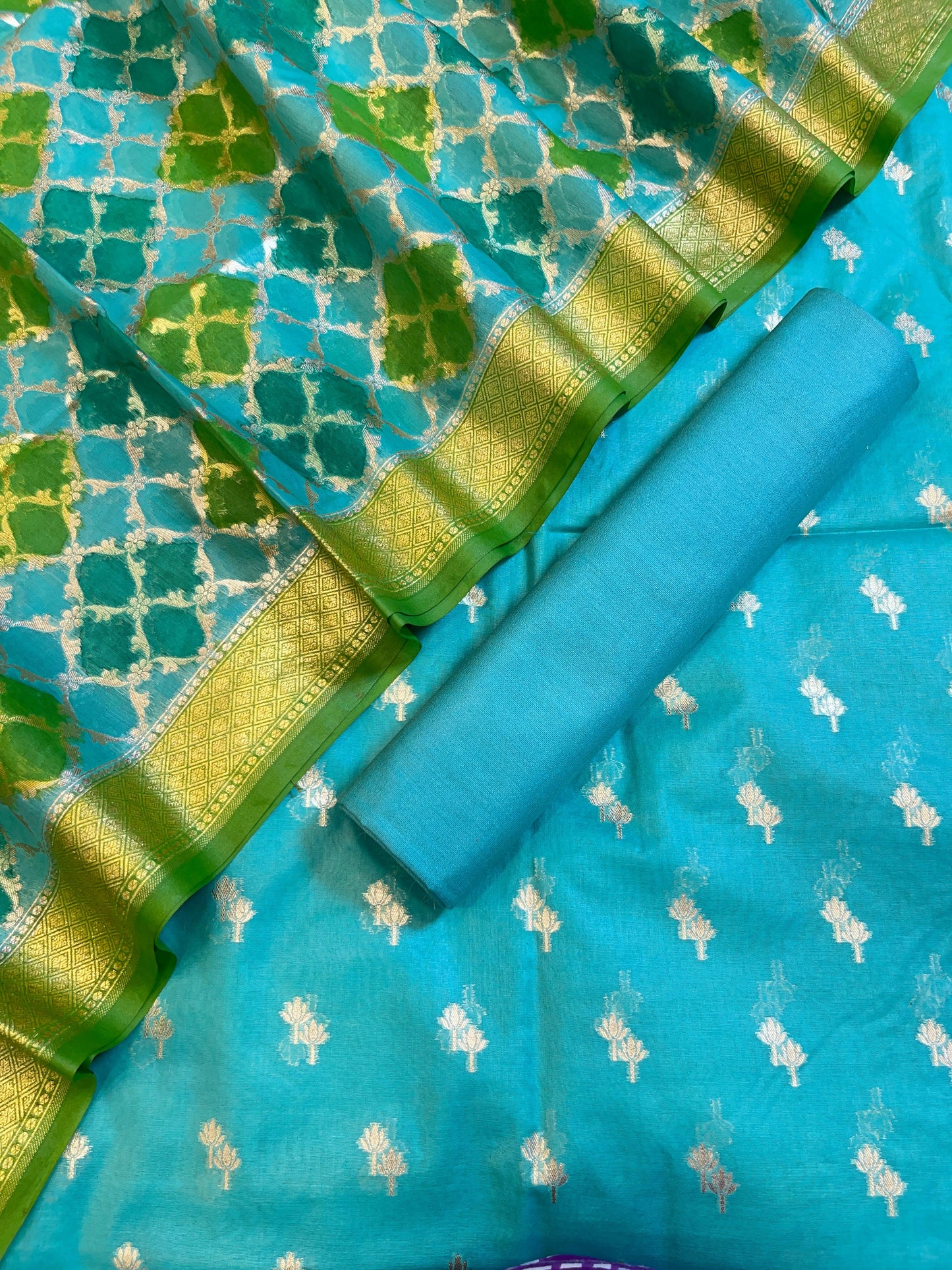 Seagreen Pure Cotton Lorex weave Dual Zari Booti Banarasi Suit 1300IM_PCL18