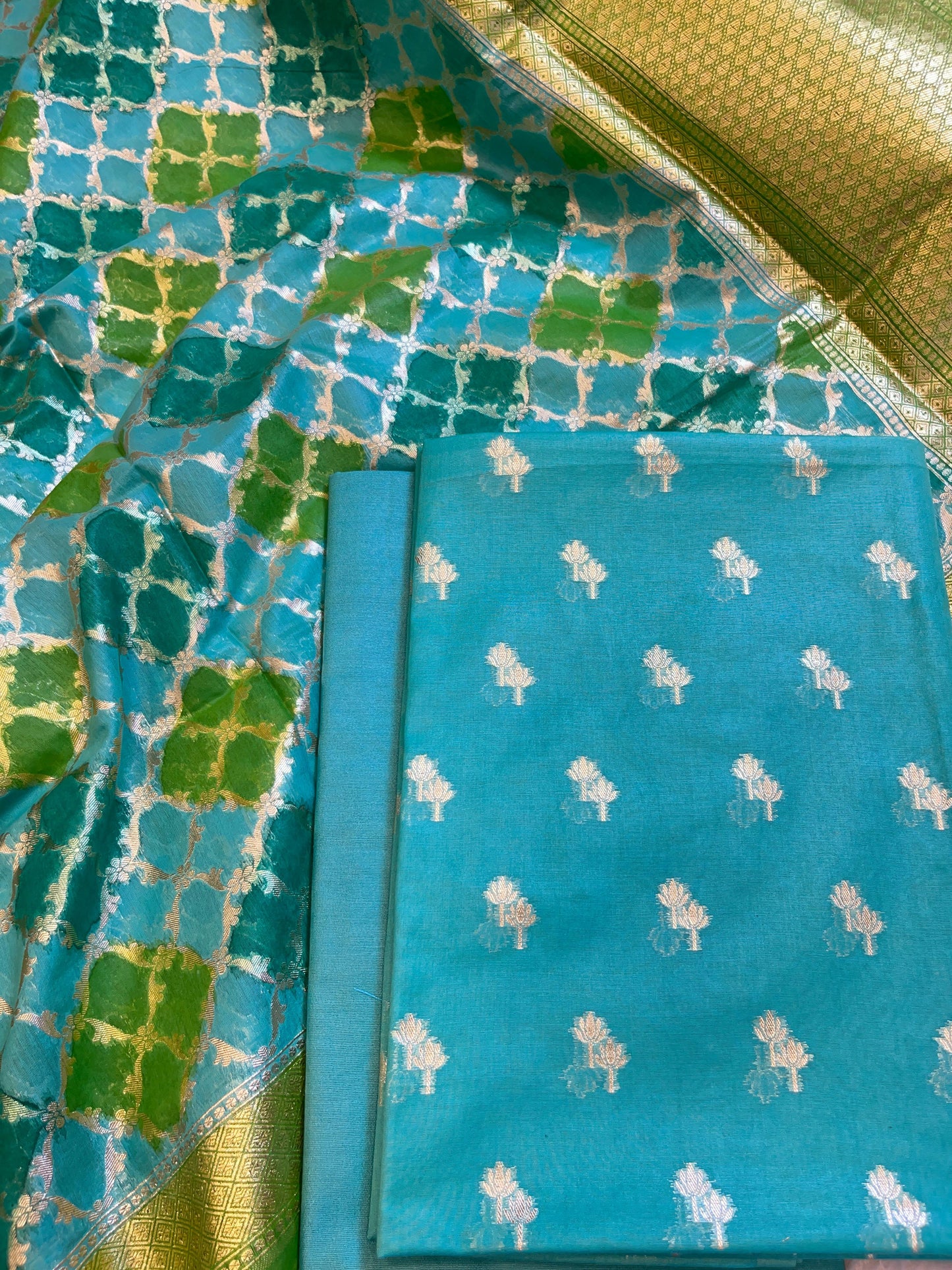 Seagreen Pure Cotton Lorex weave Dual Zari Booti Banarasi Suit 1300IM_PCL18