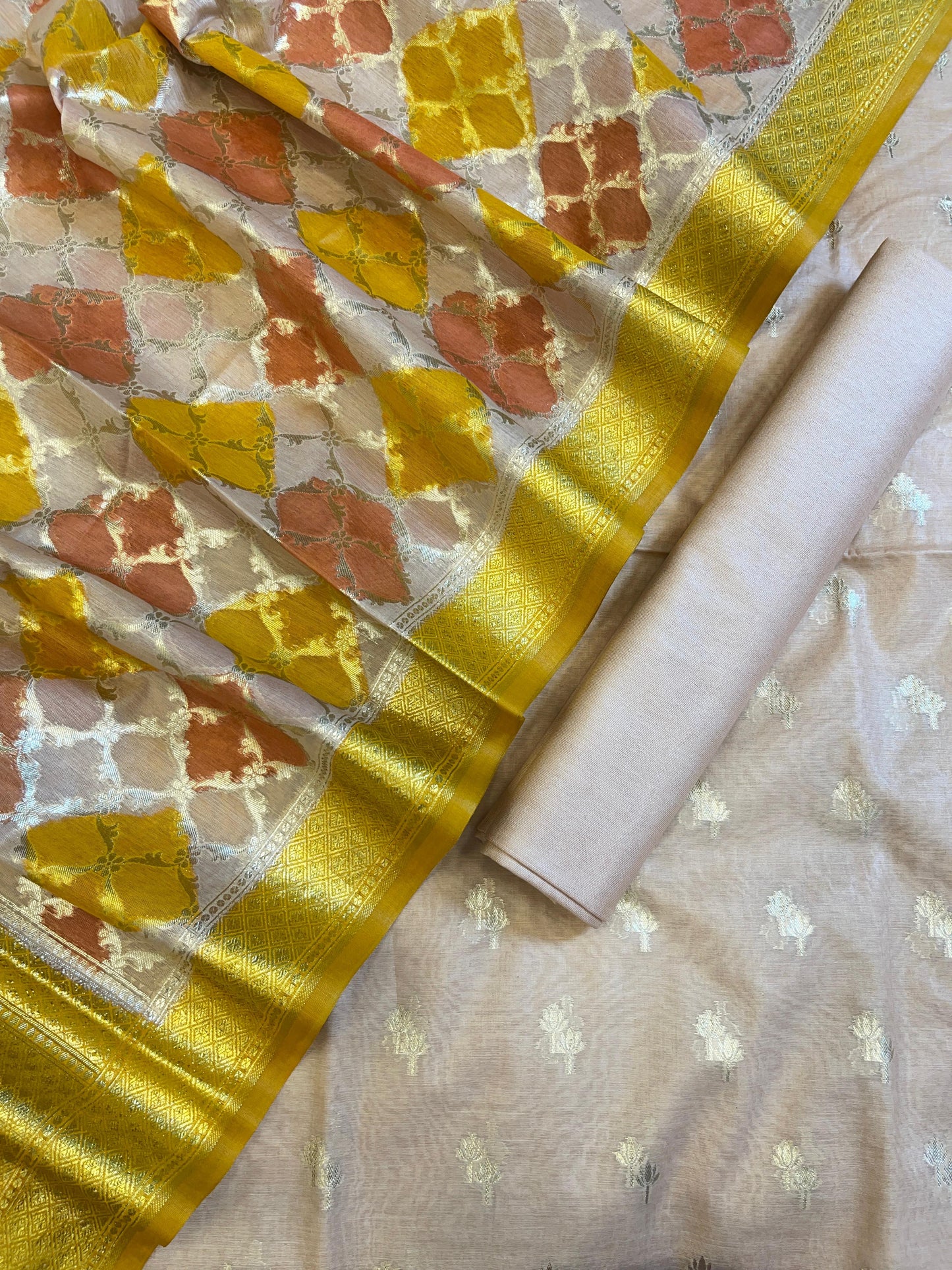 Beige Pure Cotton Lorex weave Dual Zari Booti Banarasi Suit 1300IM_PCL20
