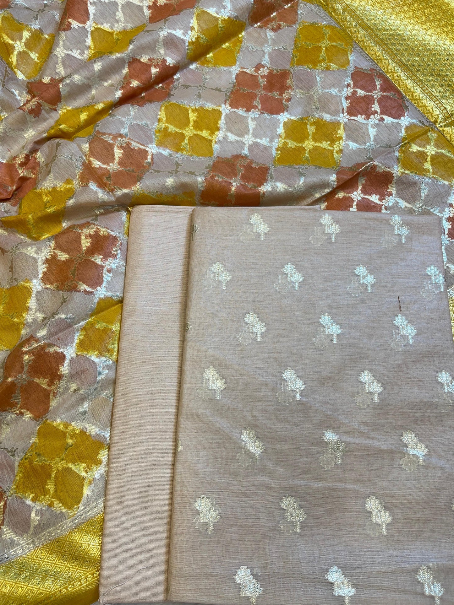 Beige Pure Cotton Lorex weave Dual Zari Booti Banarasi Suit 1300IM_PCL20