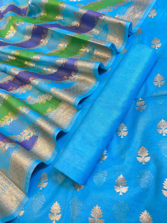 Blue Pure Cotton Lorex weave Zari Booti Banarasi Suit 1300IM_PCL3