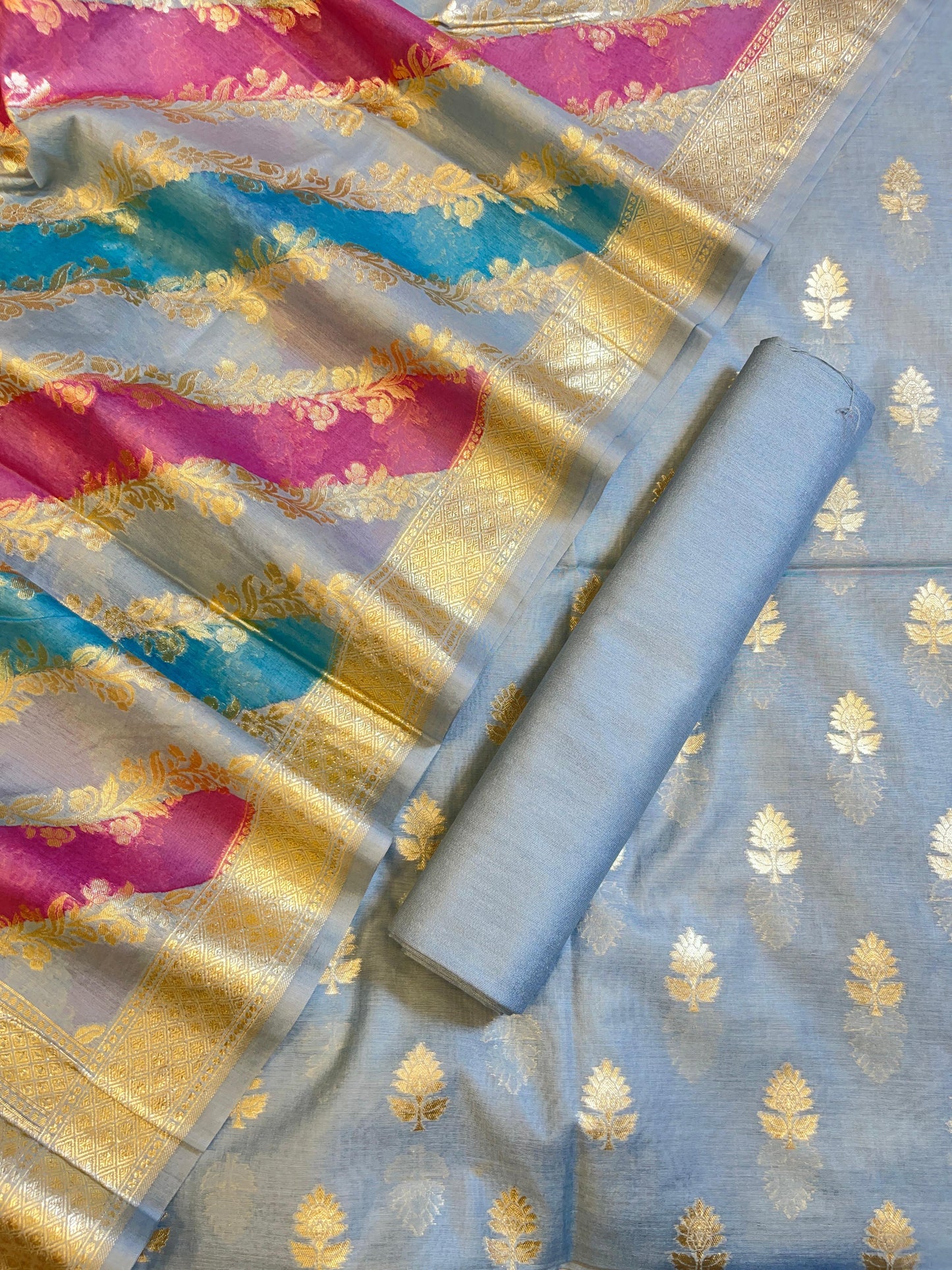 Light Blue Pure Cotton Lorex weave Zari Booti Banarasi Suit 1300IM_PCL6