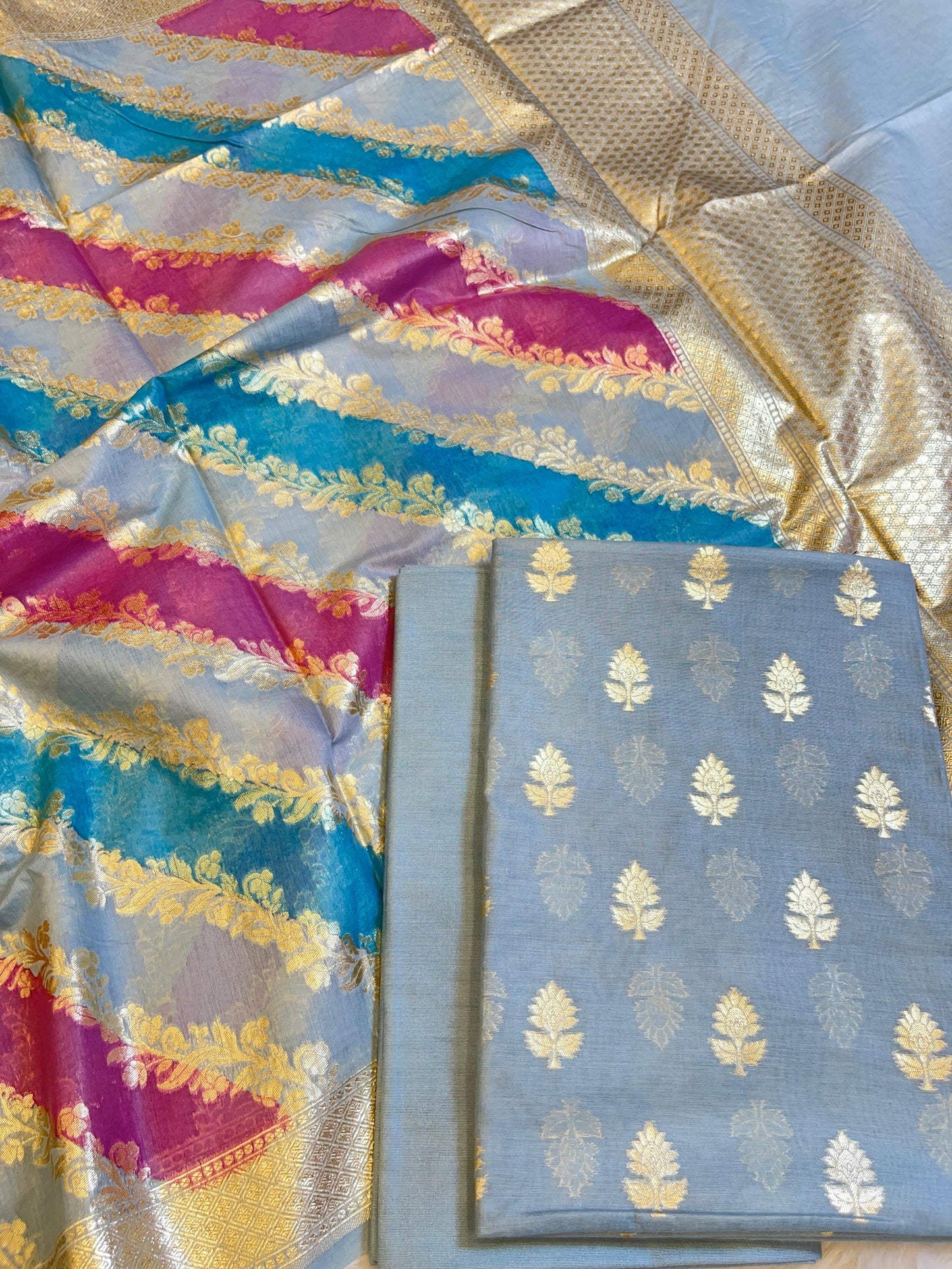 Light Blue Pure Cotton Lorex weave Zari Booti Banarasi Suit 1300IM_PCL6
