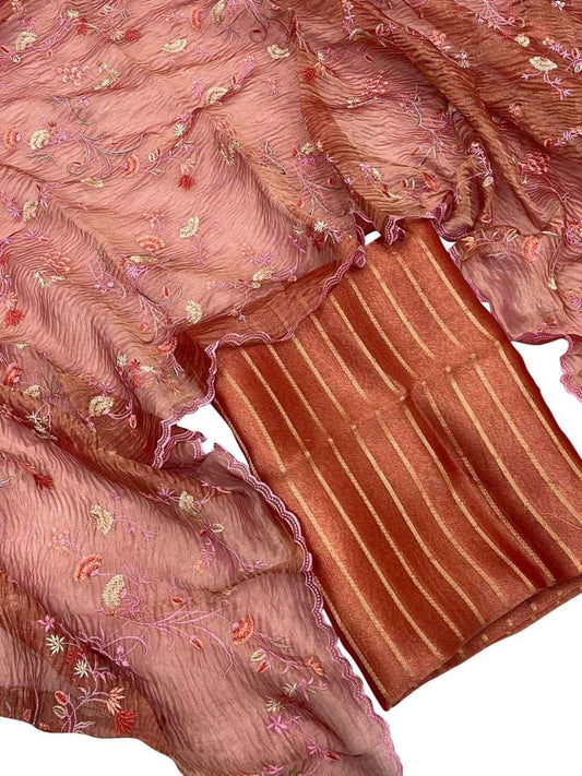 Red Tissue Silk Stripe Zari With Crush Embroidery Dupatta Banarasi Suit Set 1300SKL_TE7