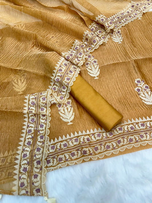 Mustard Yellow Tissue Silk With Embroidery Crush Dupatta Banarasi Set 1300SKL_TSU6