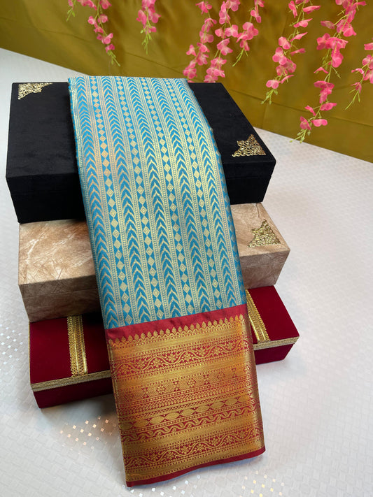 Sky Blue Semi Kanchi Silk Stripe Zari Contrast Red Zari Border Banarasi Saree MS_SK37
