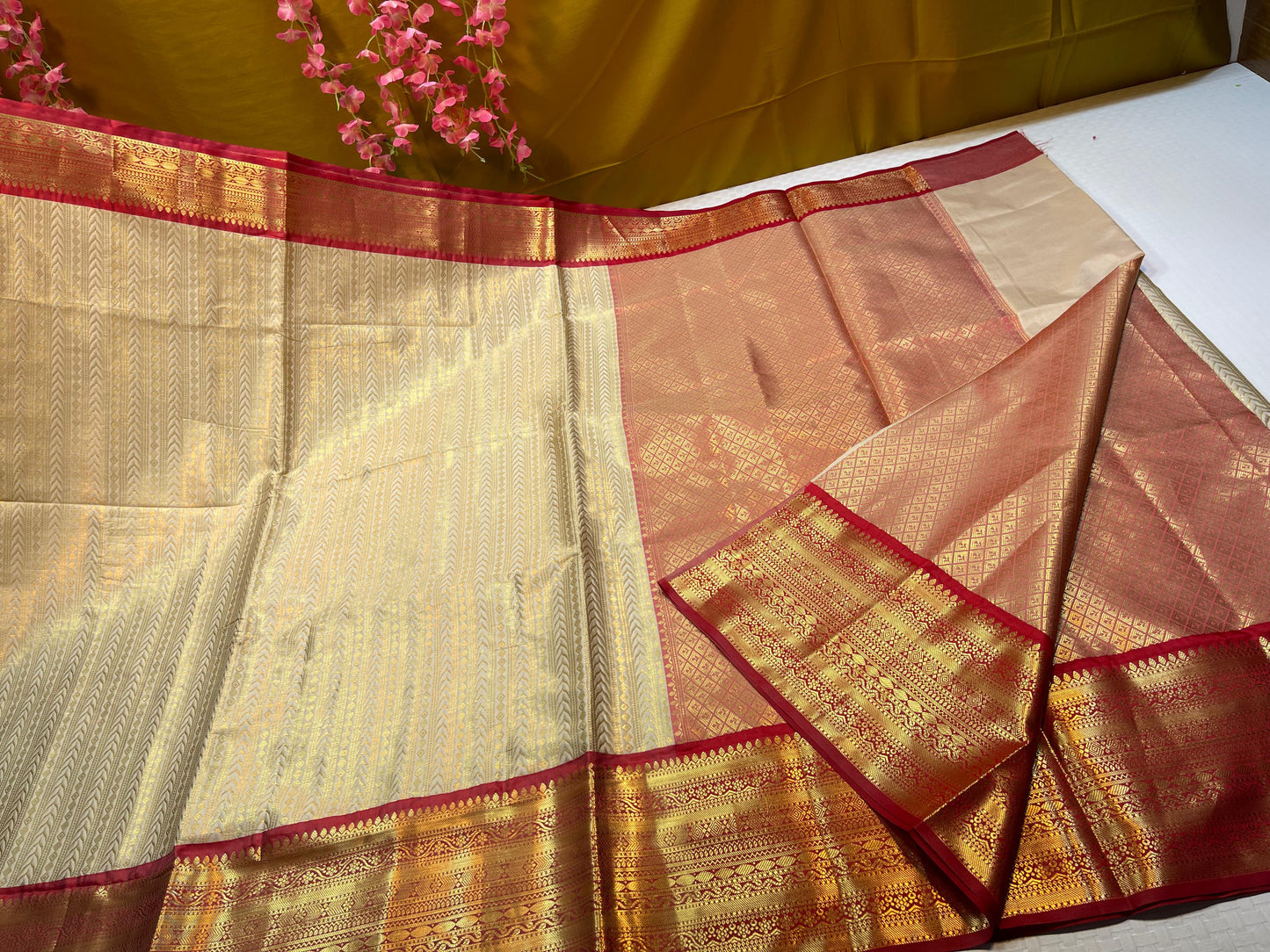 Tussar Semi Kanchi Silk Stripe Zari Contrast Red Border Banarasi Saree MS_SK49