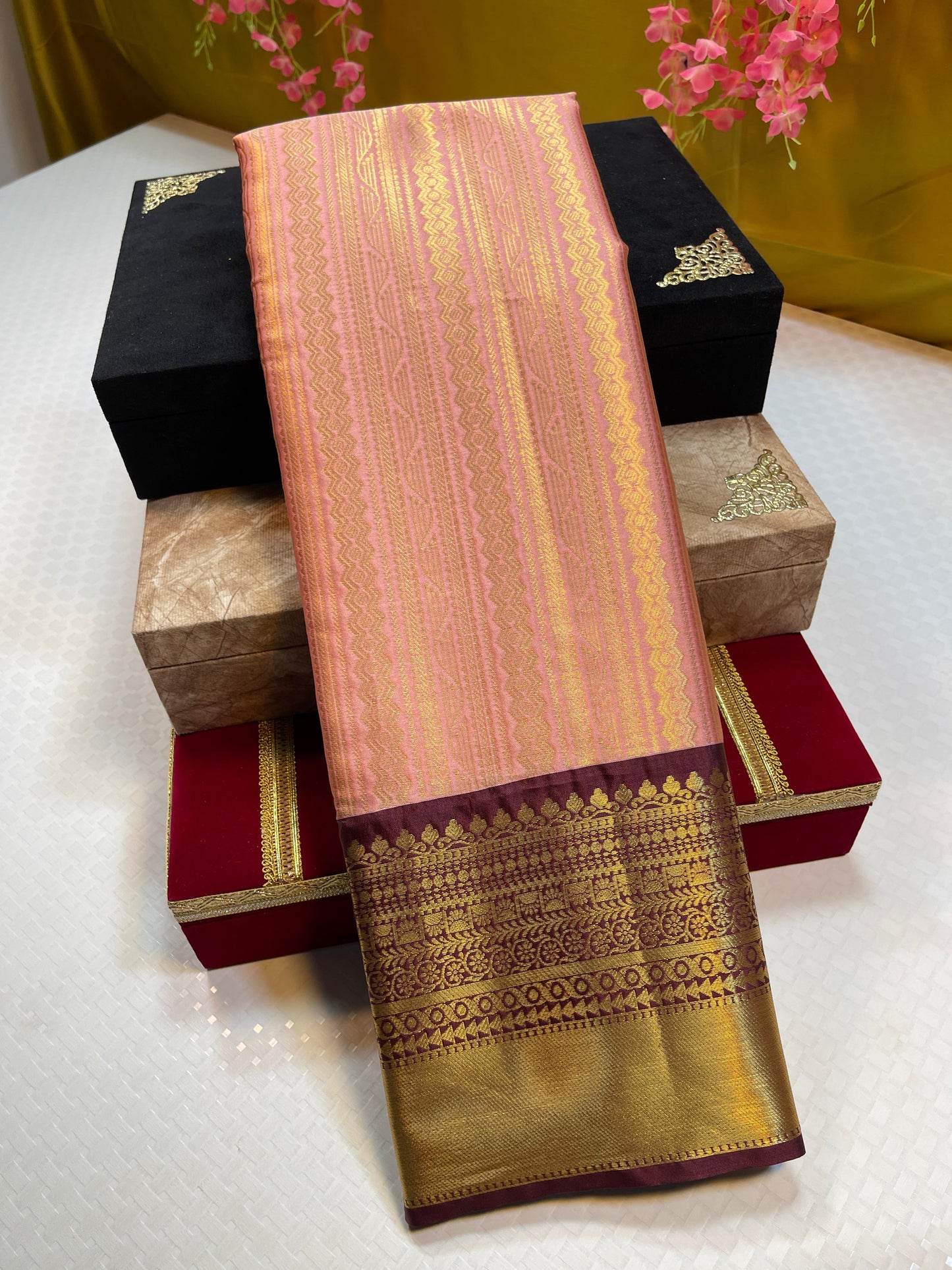 Peach Semi Kanchi Silk Stripe Zari Contrast Brown Border Banarasi Saree MS_SK51