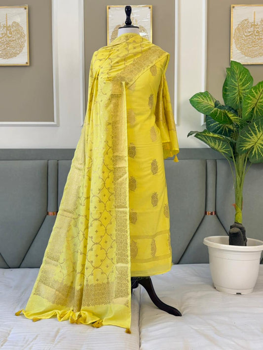 Gold Dupion Silk Zari Boota Banarasi Suit With Zari Jaal Dupatta 130PNJ_DP3