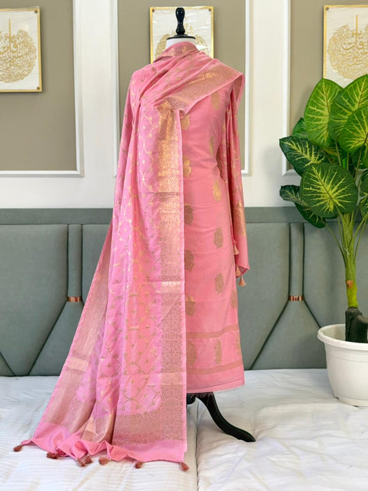 Peach Dupion Silk Zari Boota Banarasi Suit With Zari Jaal Dupatta 130PNJ_DP5