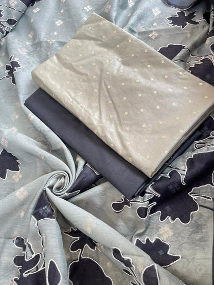 Olive Green Cotton Floral Chunri Zari Booti with Print Embroidery Contrast Black Border Dupatta 1325DAN_PE3