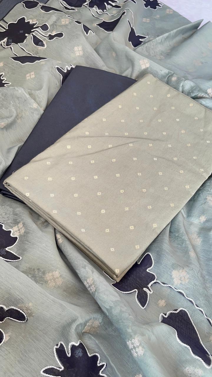 Olive Green Cotton Floral Chunri Zari Booti with Print Embroidery Contrast Black Border Dupatta 1325DAN_PE3