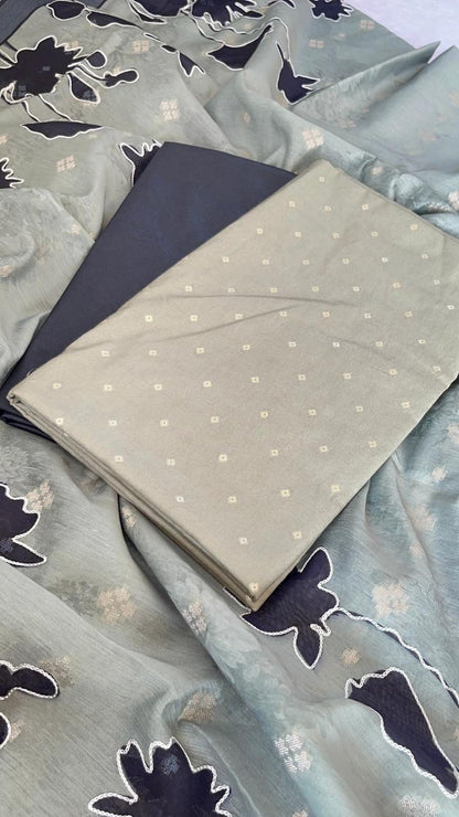 Olive Green Cotton Floral Chunri Zari Booti with Print Embroidery Contrast Black Border Dupatta 1325DAN_PE3