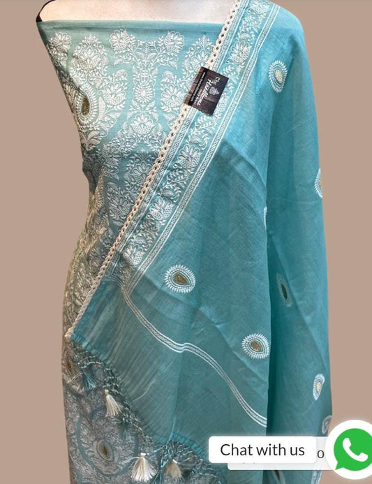 Chanderi Silk Dyble Sky Blue Resham Embroidery Banarasi Suit Set 1350SKL_CE5