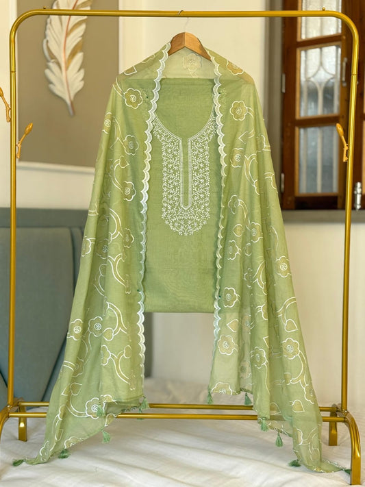 Green Pure Mercerised Cotton Suit with Neck Embroidery and Resham Jaal Dupatta 1350SKL_MCE1