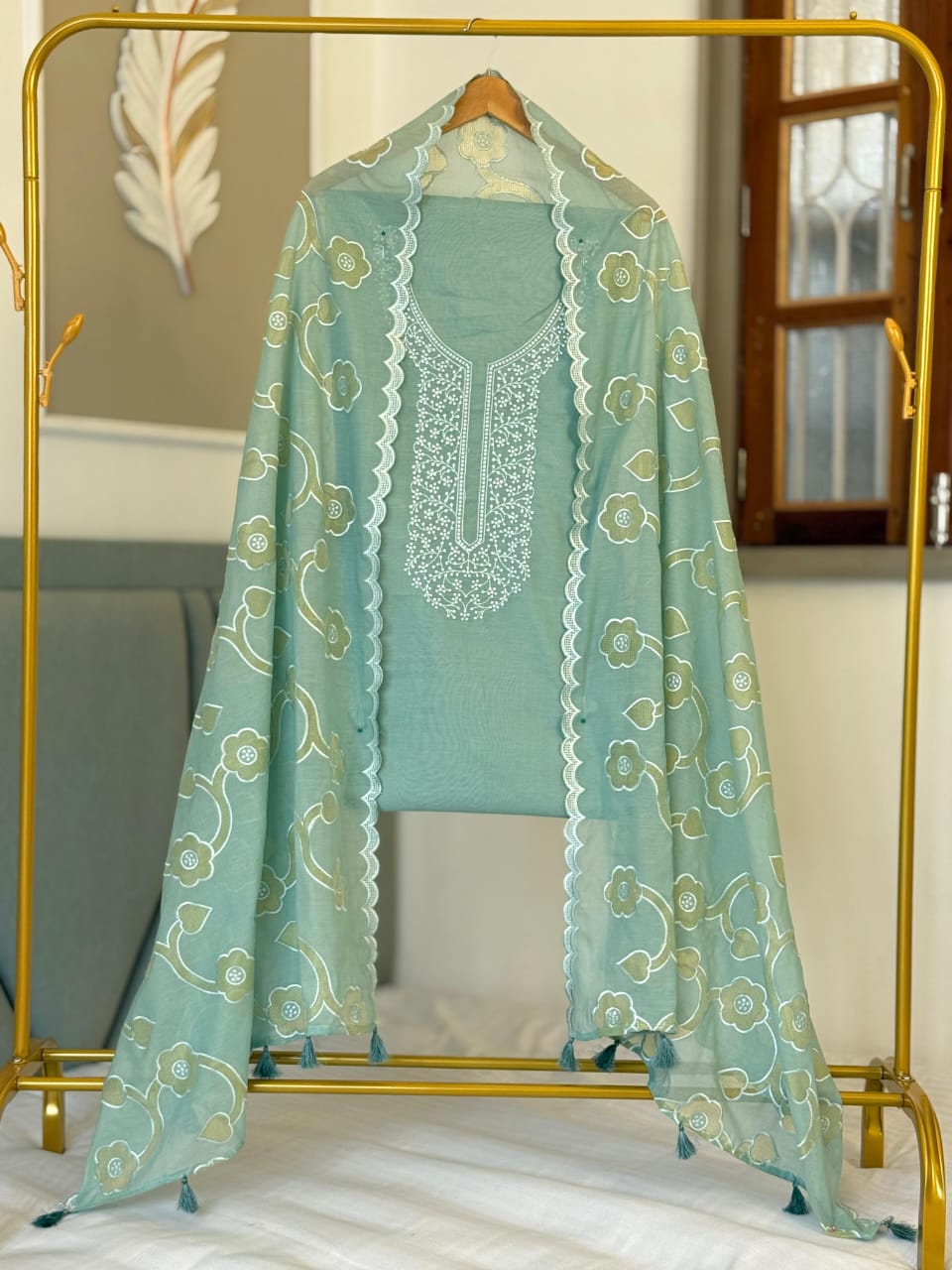 Seagreen Pure Mercerised Cotton Suit with Neck Embroidery and Resham Jaal Dupatta 1350SKL_MCE2
