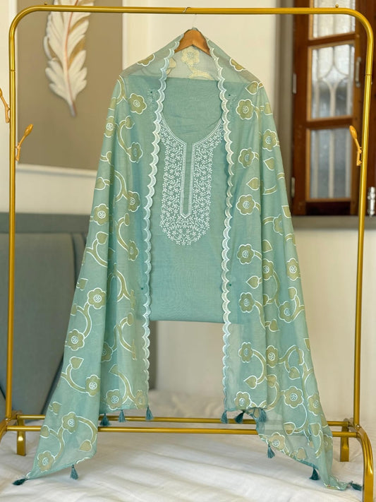 Seagreen Pure Mercerised Cotton Suit with Neck Embroidery and Resham Jaal Dupatta 1350SKL_MCE2