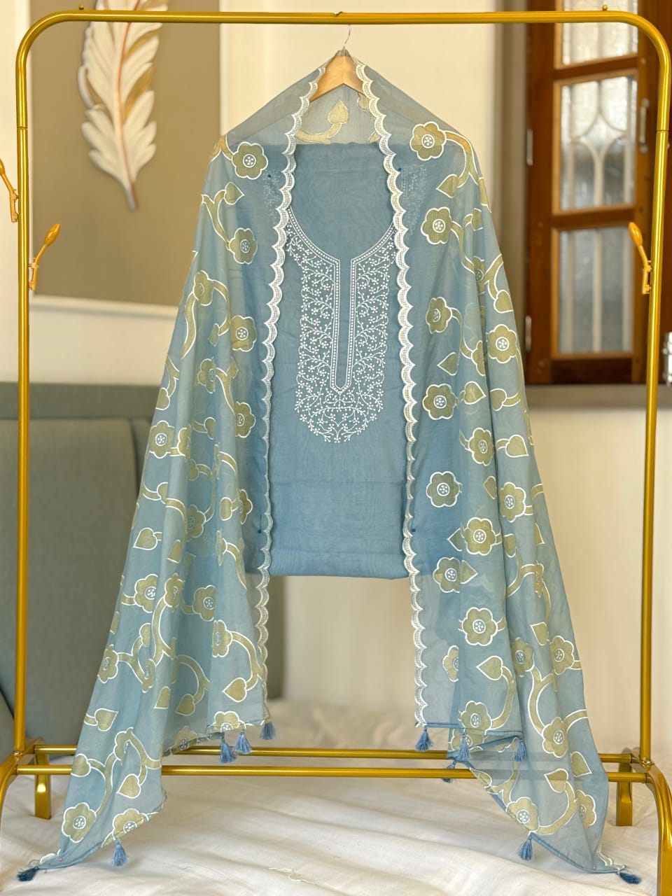 Serene Blue Pure Mercerised Cotton Suit with Neck Embroidery and Resham Jaal Dupatta 1350SKL_MCE3