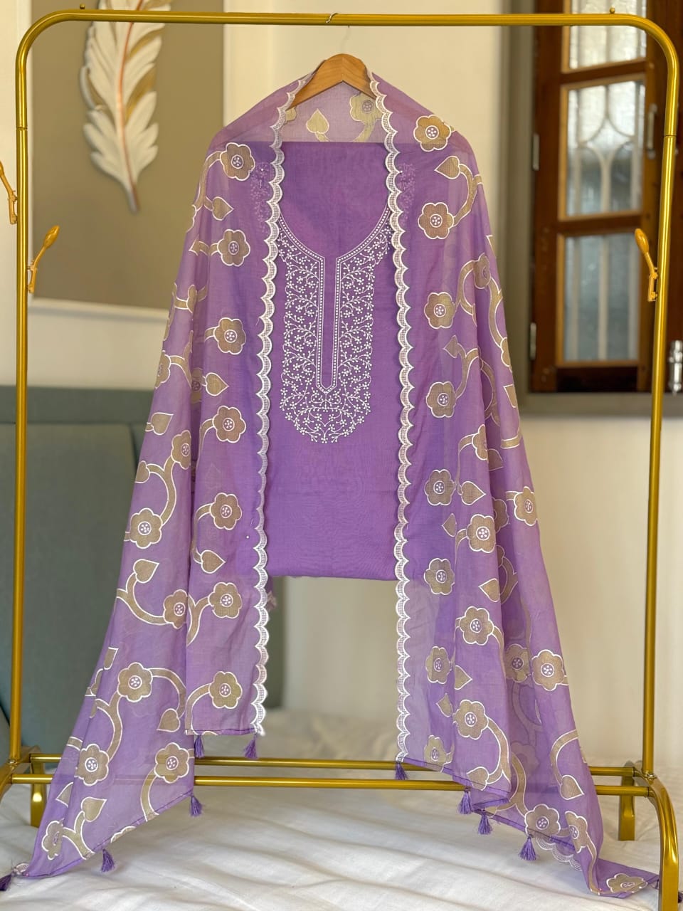 Purple Pure Mercerised Cotton Suit with Neck Embroidery and Resham Jaal Dupatta 1350SKL_MCE4