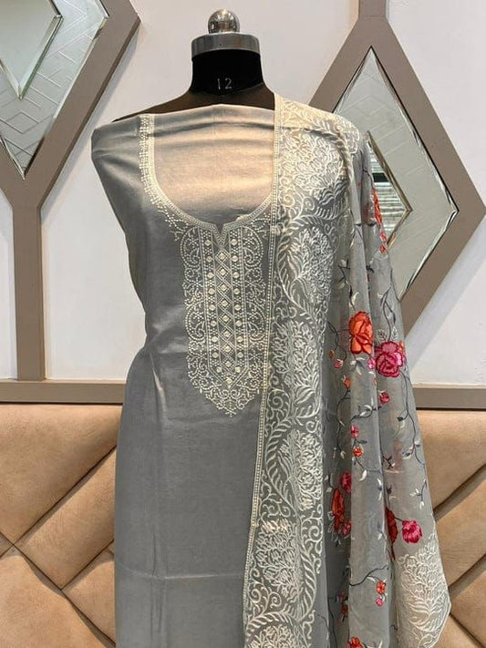 Grey Cotton Embroidery Necklace Banarasi Suit 1350SKL_NC1