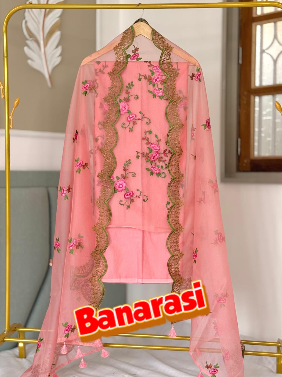 Peach Organza Silk Dyable Banarasi Suit with Cutwork Embroidery Dupatta 1350SKL_OD1