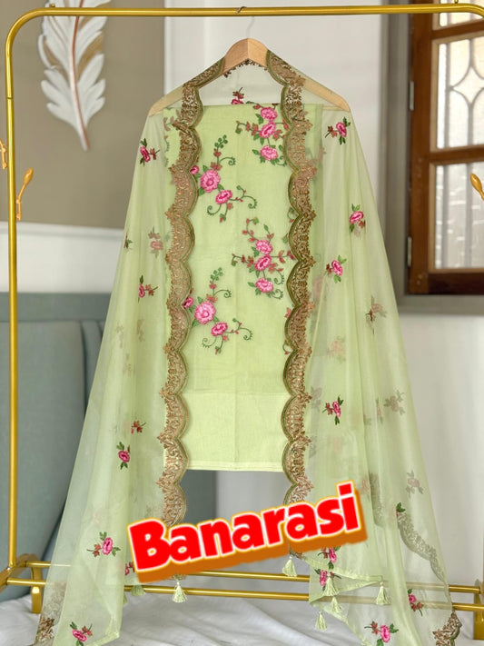 Green Organza Silk Dyable Banarasi Suit with Cutwork Embroidery Dupatta 1350SKL_OD2