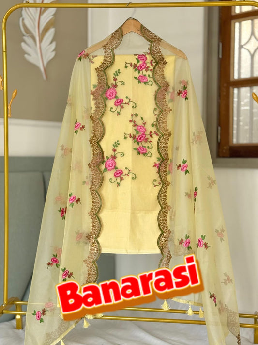 Yellow Organza Silk Dyable Banarasi Suit with Cutwork Embroidery Dupatta 1350SKL_OD3