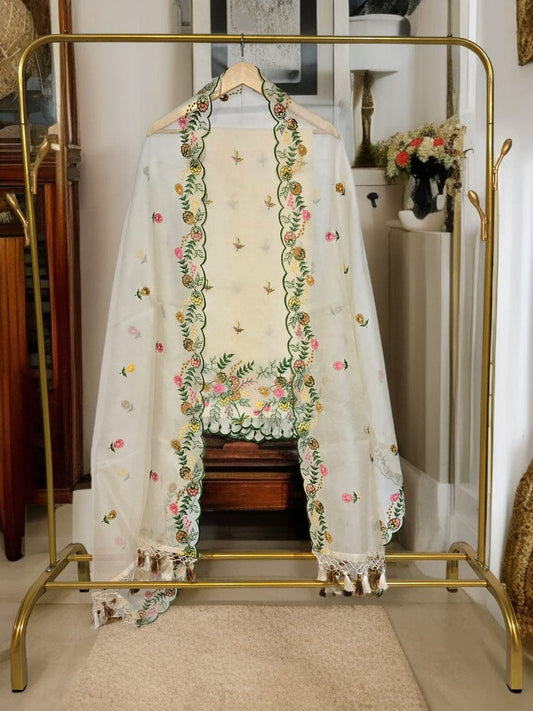Elegant Off white Organza Silk Suit with Multi-Color Embroidery & Cutwork Dupatta 1350SKL_OGS1