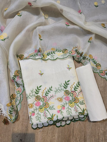 Elegant Off white Organza Silk Suit with Multi-Color Embroidery & Cutwork Dupatta 1350SKL_OGS1