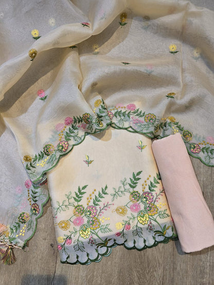 Elegant Off white Organza Silk Suit with Multi-Color Embroidery & Cutwork Dupatta 1350SKL_OGS1