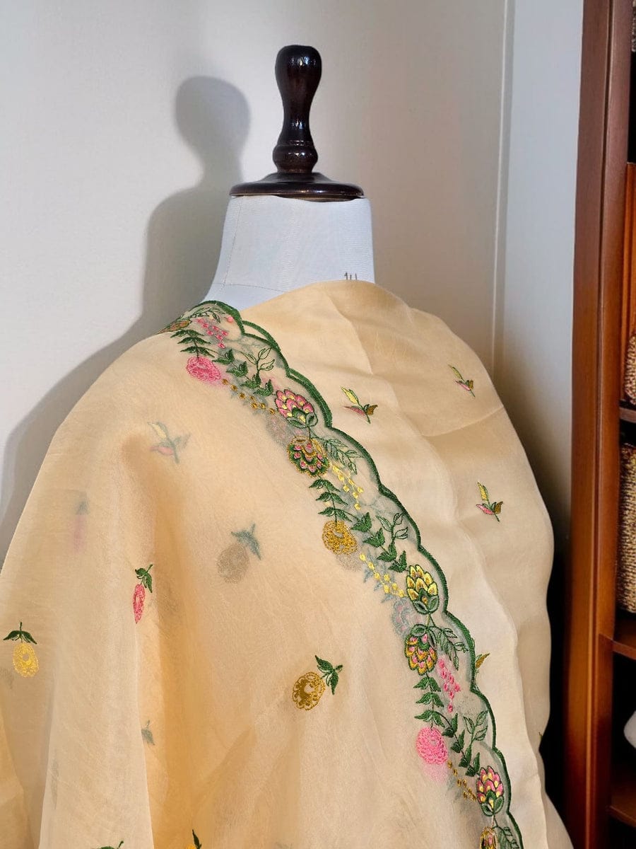 Elegant Peach Organza Silk Suit with Multi-Color Embroidery & Cutwork Dupatta 1350SKL_OGS2