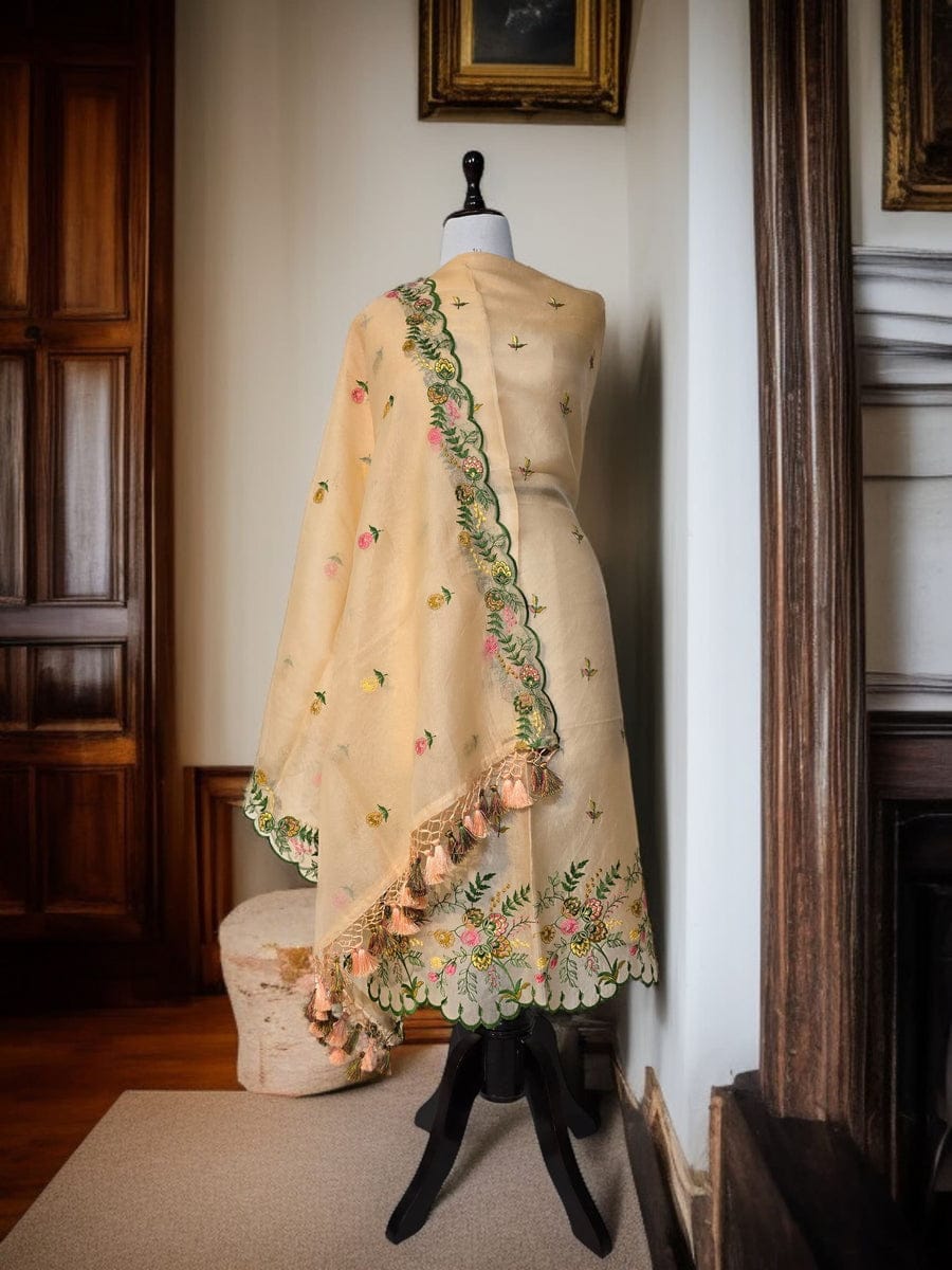 Elegant Peach Organza Silk Suit with Multi-Color Embroidery & Cutwork Dupatta 1350SKL_OGS2