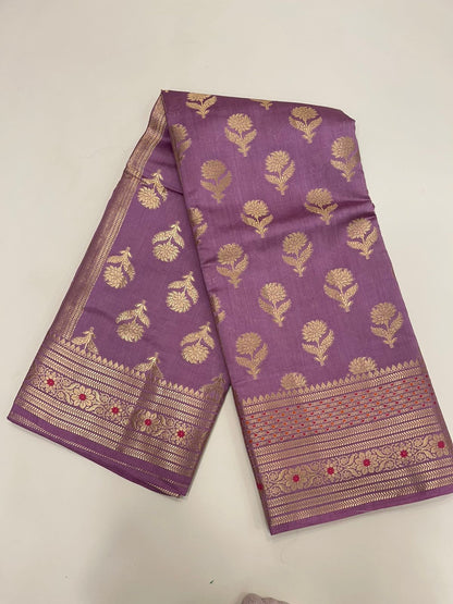 Royal Elegance: Faishana's Exquisite Light Purple Pure Chiniya Silk Gold Floral Zari Booti with Minakari Border & Purple Blouse