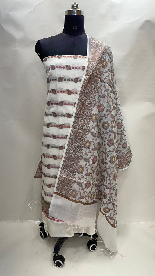 Faishana Presents White Cotton Resham Copper Zari 3pcs Suit Set accompanied with Plain Bottom and Top Copper Zari Cotton Small Booti Stripe with White Mina Jaal Dupatta