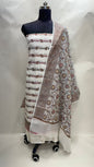 Faishana Presents White Cotton Resham Copper Zari 3pcs Suit Set accompanied with Plain Bottom and Top Copper Zari Cotton Small Booti Stripe with White Mina Jaal Dupatta