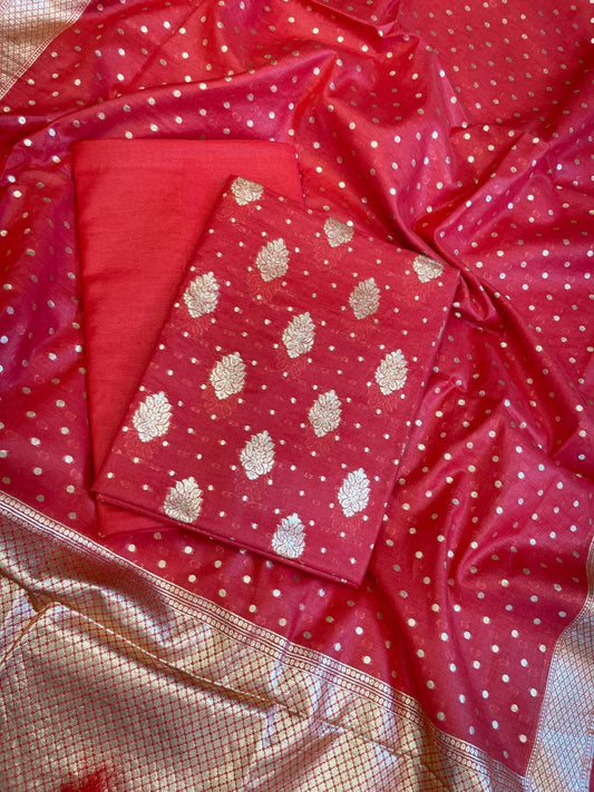 Red Pure Cotton Self Design Banarasi 3 pcs Suit Set 13IM_PCSD8