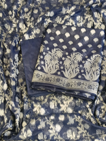 Navy Blue Cotton Dyable Alfi Zari Booti Banarasi Suit with Floral Zari Jaal Banarasi Suit 13SHL_DAS10